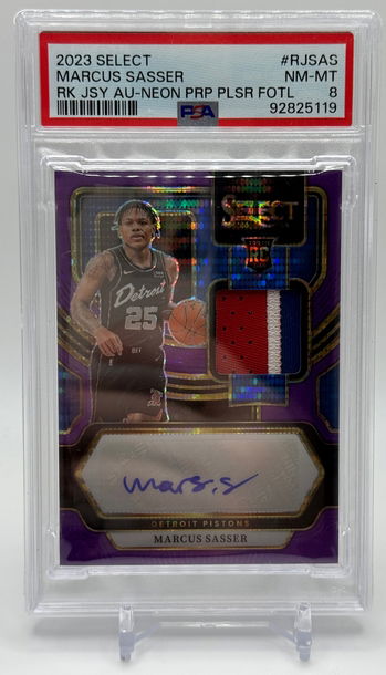 2023-24 Select Marcus Sasser Neon Purple Pulsar Prizm Patch Auto 10/15 PSA 8