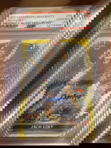 Zach Edey 2022-23 Bowman U #79 Chrome Prospect Yellow Refractor AUTO /75 PSA 10