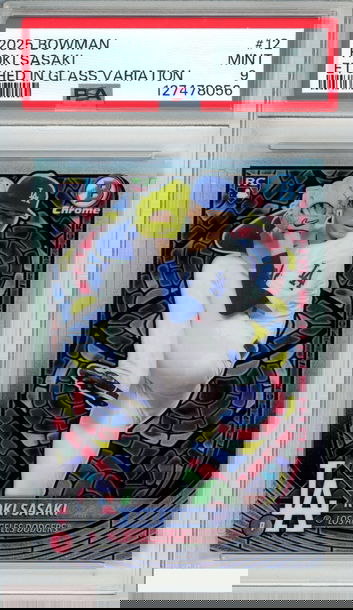 2025 BOWMAN ROKI SASAKI #12 ETCHED IN GLASS VARIATION ROOKIE RC PSA 9 MINT