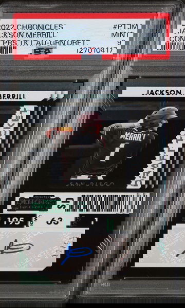 2022 Panini Chronicles Contenders Prospect Ticket Autographs Green Draft Jackson Merrill #PTJM PSA 9