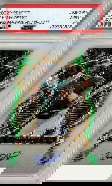 2022 PANINI SELECT SIGS PRIZM JALEN HURTS #SIPJH GREEN DIE-CUT PSA 9 AUTO