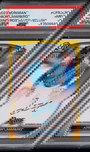 2023 Bowman Chrome Yellow Refractor Junior Caminero RC Rookie AUTO /75 PSA 9
