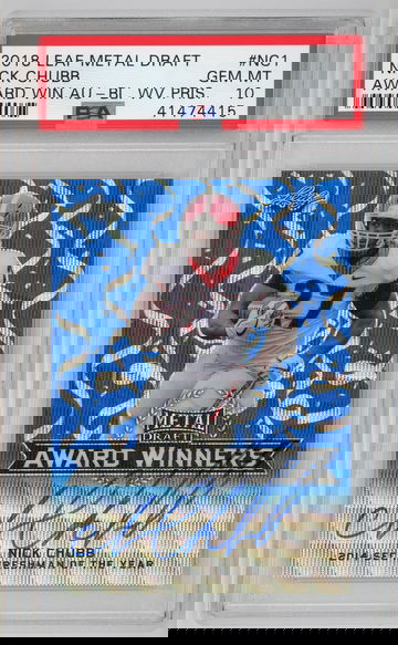 2018 Leaf Metal Draft Award Winners Blue Wave Prismatic Auto /20 Nick Chubb PSA 10