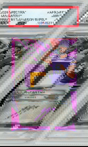 JJ MCCARTHY 2024 Panini Spectra Neon Purple RPA Patch Auto Rc #20/30 PSA 9