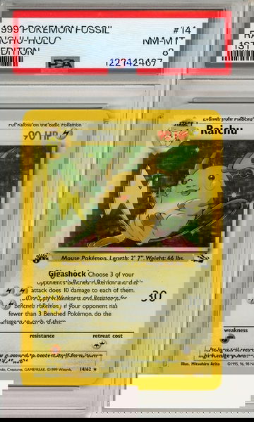 1999 POKEMON FOSSIL RAICHU-HOLO #14 1ST EDITION PSA 8 NM-MT