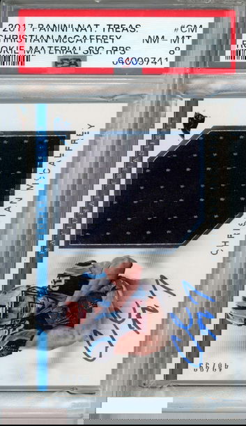 2017 NATIONAL TREASURES CHRISTIAN MCCAFFREY #CM ROOKIE MATERIAL AUTO OF 99 PSA 8