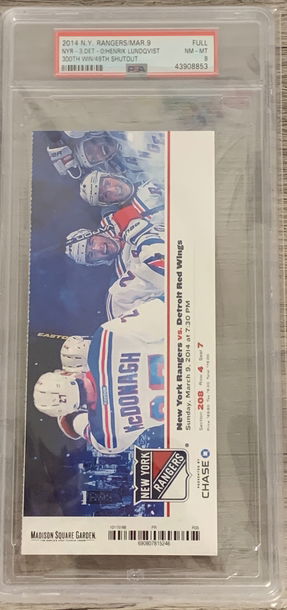 2014 New York Rangers vs Detroit Red Wings Full Ticket Henrik Lundqvist 300th Win 49th Shutout PSA 8