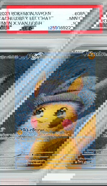 2023 POKEMON X VAN GOGH BLACK STAR PROMO PIKACHU GREY FELT HAT #085 PSA 9