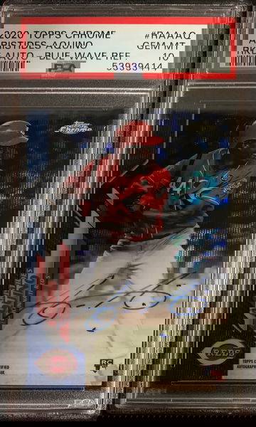 2020 Topps Chrome Aristides Aquino Rookie Auto Blue Wave Refractor /150 PSA 10