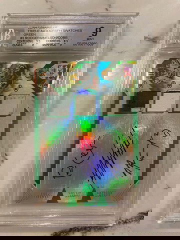 2017 Panini XR Triple Autograph Game Used Swatches Aaron Rodgers Jordy Nelson Randall Cobb 1/3 Auto