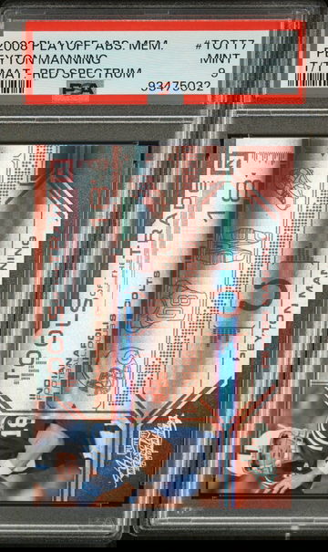 2008 PEYTON MANNING PLAYOFF ABSOLUTE MEMORABILIA TOOLS OF THE TRADE MATERIALS RED SPECTRUM #TOTT7 PSA 9 FB.C2.34