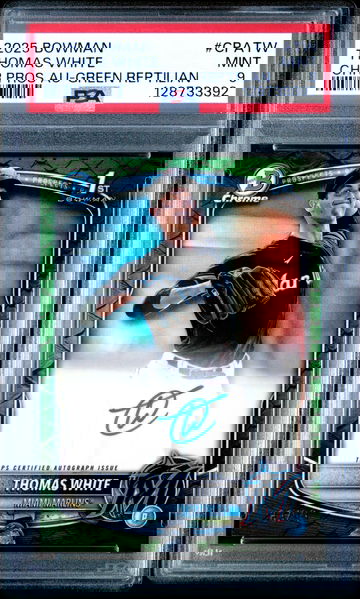 2025 Bowman Chrome Thomas White 1st Auto /99 Green Reptilian Refractor PSA 9