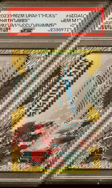 Jahmyr Gibbs 2023 Panini Prizm Draft Signing Day Gold Shimmer RC Auto /15 PSA 10 Gem Mint