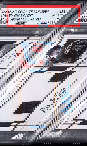 2023 Panini National Treasures Material Signature-Gold Aj Smith-Shawver #121 /49 PSA 9