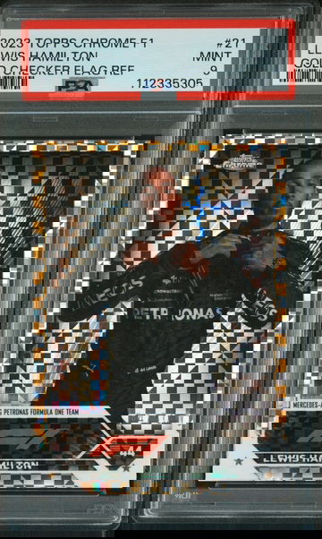 2023 TOPPS CHROME F1 LEWIS HAMILTON #21 GOLD CHECKER FLAG REFRACTOR /50 PSA 9