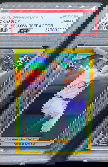NICK KURTZ 2024 BOWMAN DRAFT CHROME YELLOW /75 PSA 9