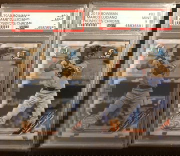 Lot (2) 2019 Bowman Chrome Marco Luciano 1st Bowman Card #82 PSA 9