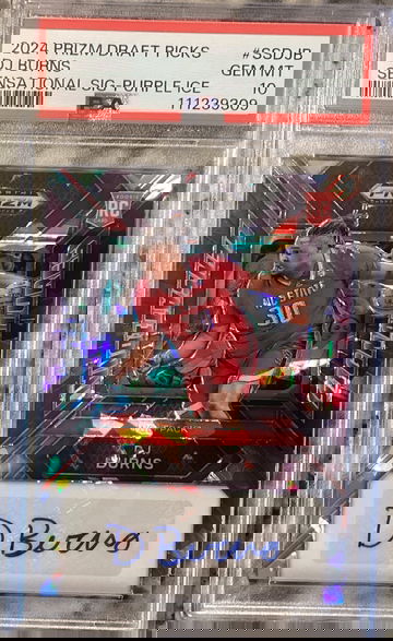 2024 PRIZM DRAFT PICKS DJ BURNS SENSATIONAL SIGNATURE PURPLE ICE PSA 10