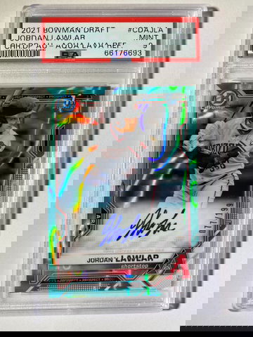 PSA 9 2021 Bowman Chrome Draft Jordan Lawler Aqua Lava Refractor Auto #'ed/199