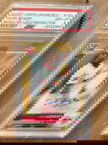 2020-21 Topps Chrome Tyler Adams Gold Refractor Autoraph /60 PSA 8