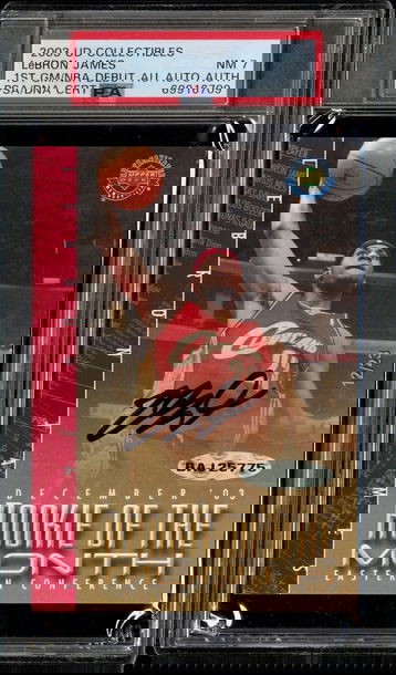 2003-04 UD COLLECTIBLES LEBRON JAMES NBA DEBUT JUMBO ROOKIE RC AUTO 12/23 PSA 7