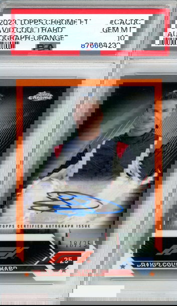 2023 TOPPS CHROME FORMULA 1 DAVID COULTHARD #CACDC ORANGE AUTO 18 OF 25 PSA 10