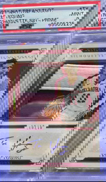 2021 National Treasures Collegiate Trae Young Prime Gold Patch Auto 10/10 PSA 9 Mint