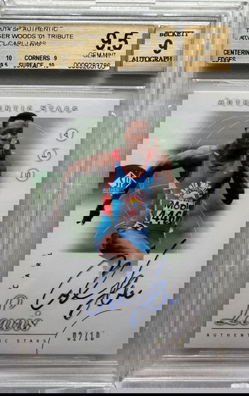 2014 Upper Deck SP Tiger Woods ‘01 Tribute Carl Lewis On Card Auto /10 Authentic Stars Track & Field HOF