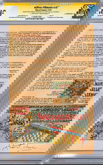 INCREDIBLE HULK #181 AD PAGE CGC-SS NG PRE-1ST FULL WOLVERINE TRIMPE & WEIN 1974