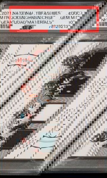 2021 National Treasures Jamarr Chase, Chad Johnson, Devonta Smith, Desean Jackson Quad Materials Patch /99 PSA 10