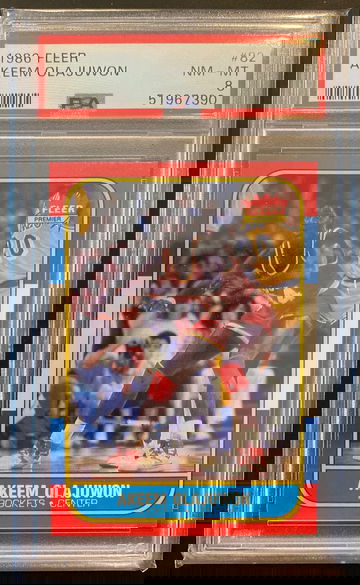 1986 Fleer #82 Akeem Olajuwon Rookie PSA 8 NM-MINT. Houston Rockets