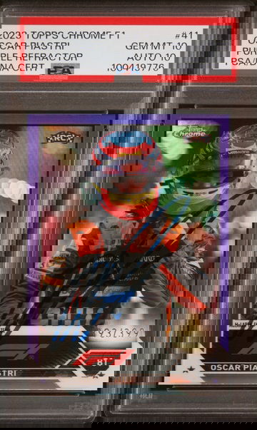 2023 Topps Chrome F1 Oscar Piastri Rookie On Card Auto Purple Refractor /399 McLaren Helmet #41 PSA 10 Auto 10