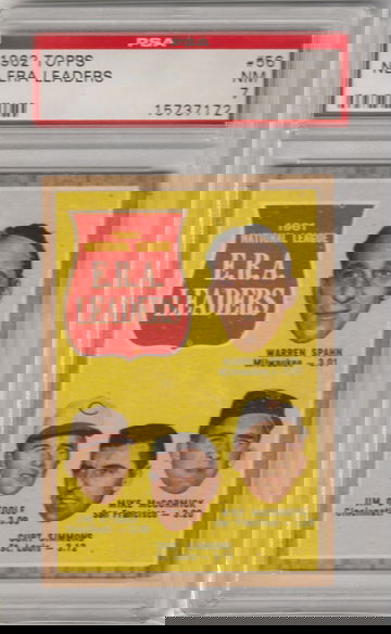 1962 Topps #56 National League ERA Leaders with HOFer Warren Spahn PSA 7