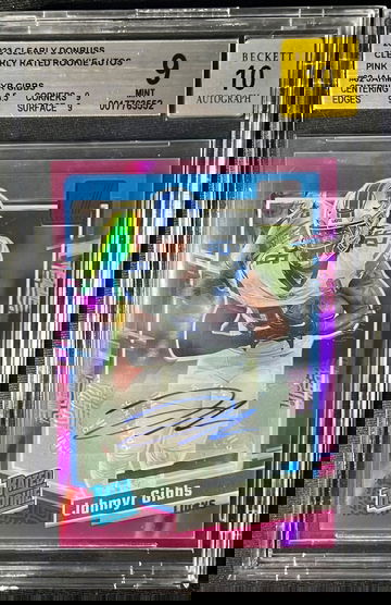 2023 CLEARLY DONRUSS PINK RATED ROOKIE RC JAHMYR GIBBS AUTO /15 BGS 9 SSP